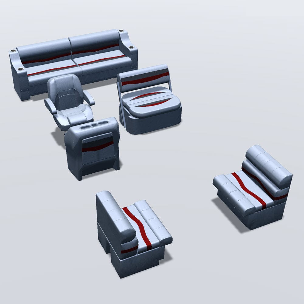 Side entry midship flip flop pontoon seat package with bow double bench #color_gray, red & charcoal