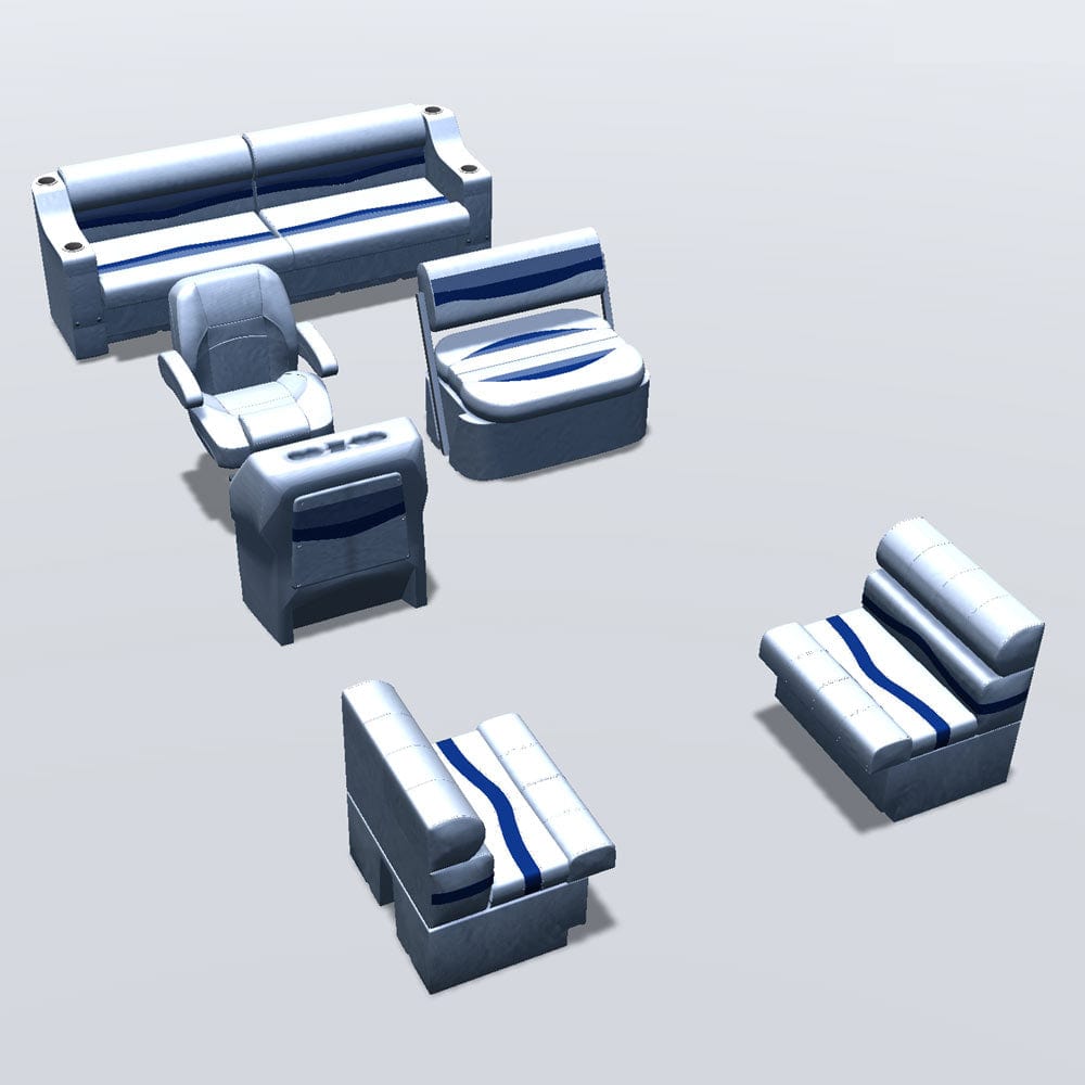 Side entry midship flip flop pontoon seat package with bow double bench #color_white, blue & light blue