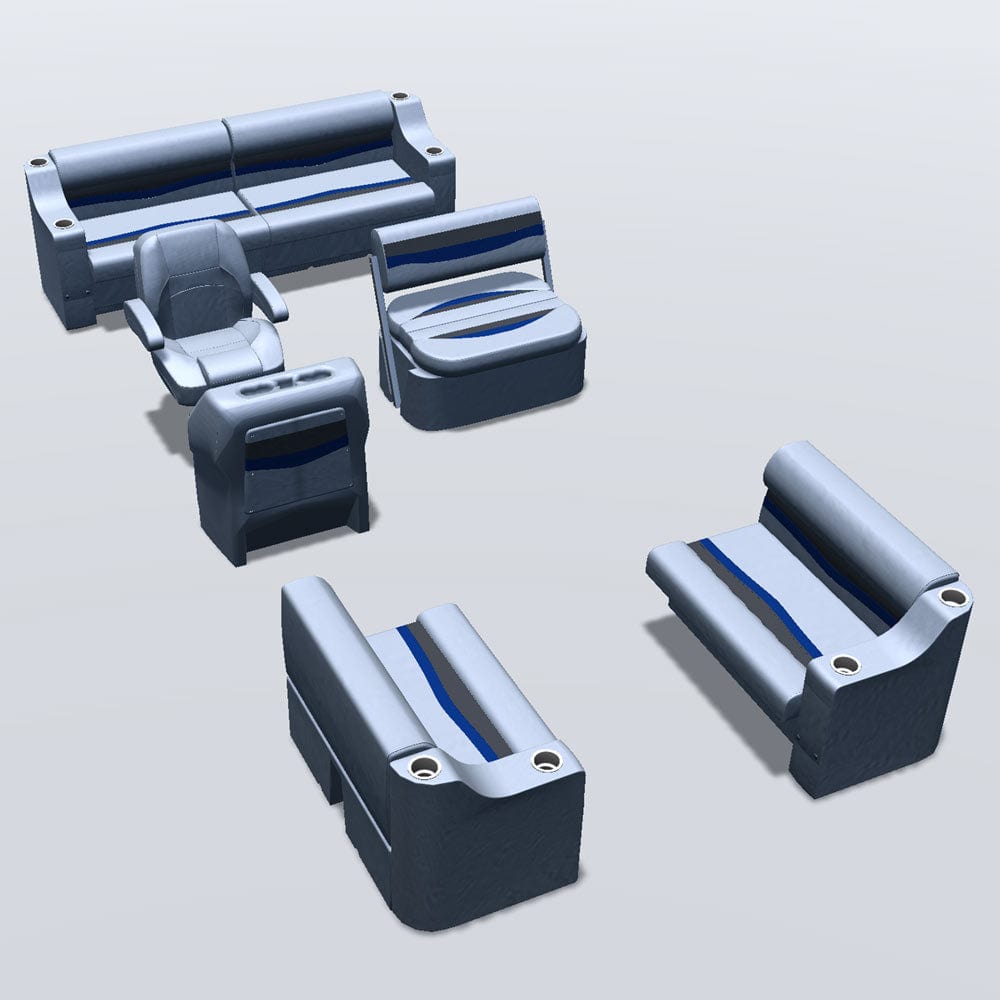 Side entry midship flip flop pontoon seat package with cupholder bow double bench seats #color_gray, blue & charcoal