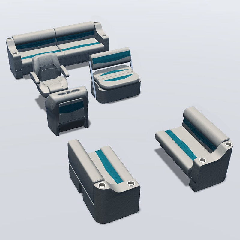 Side entry midship flip flop pontoon seat package with cupholder bow double bench seats