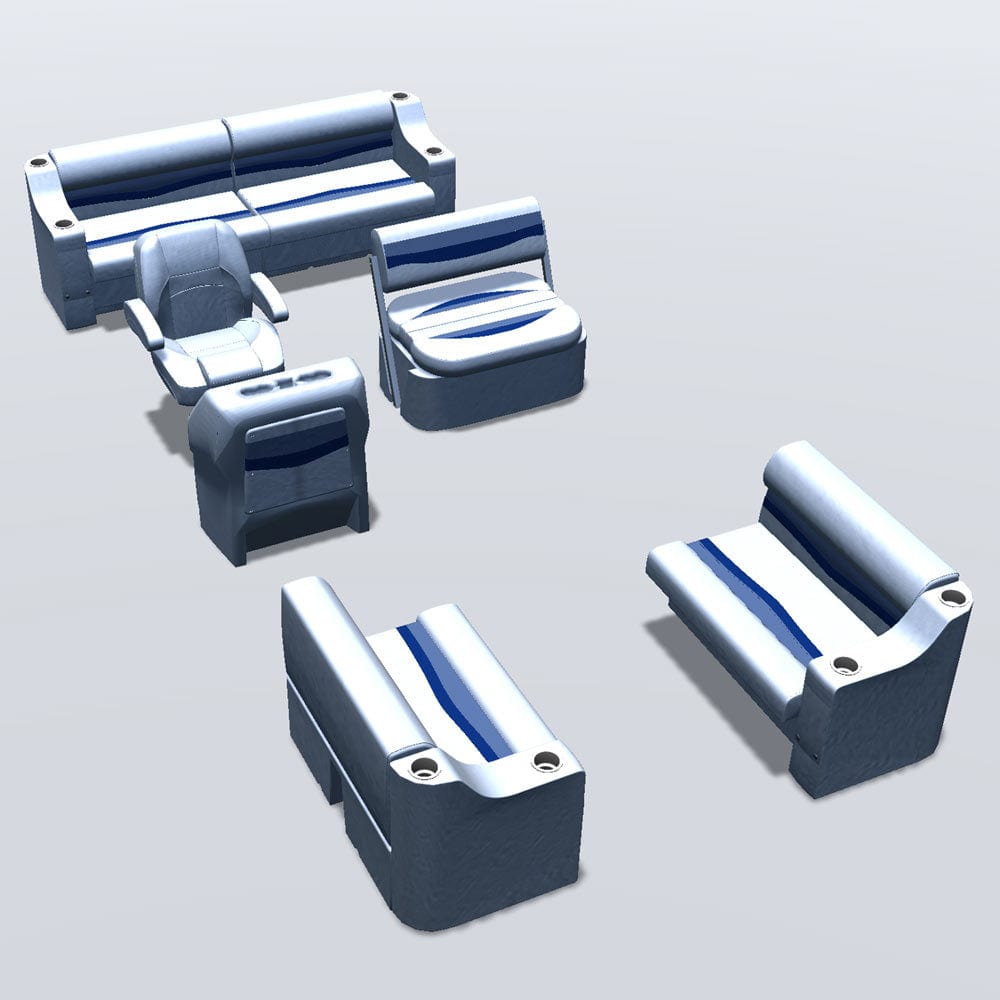 Side entry midship flip flop pontoon seat package with cupholder bow double bench seats #color_white, blue & light blue