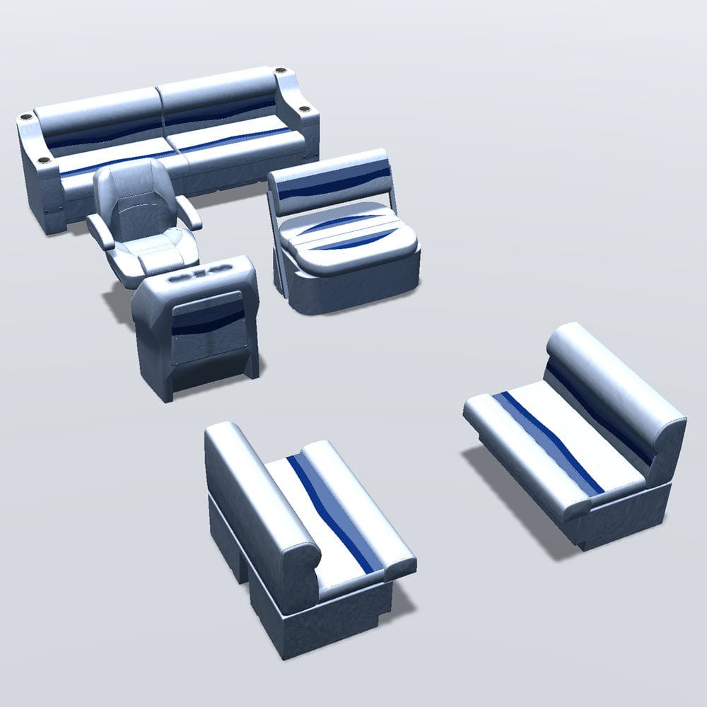 Side entry midship flip flop pontoon seat package with bow double bench #color_white, blue & light blue