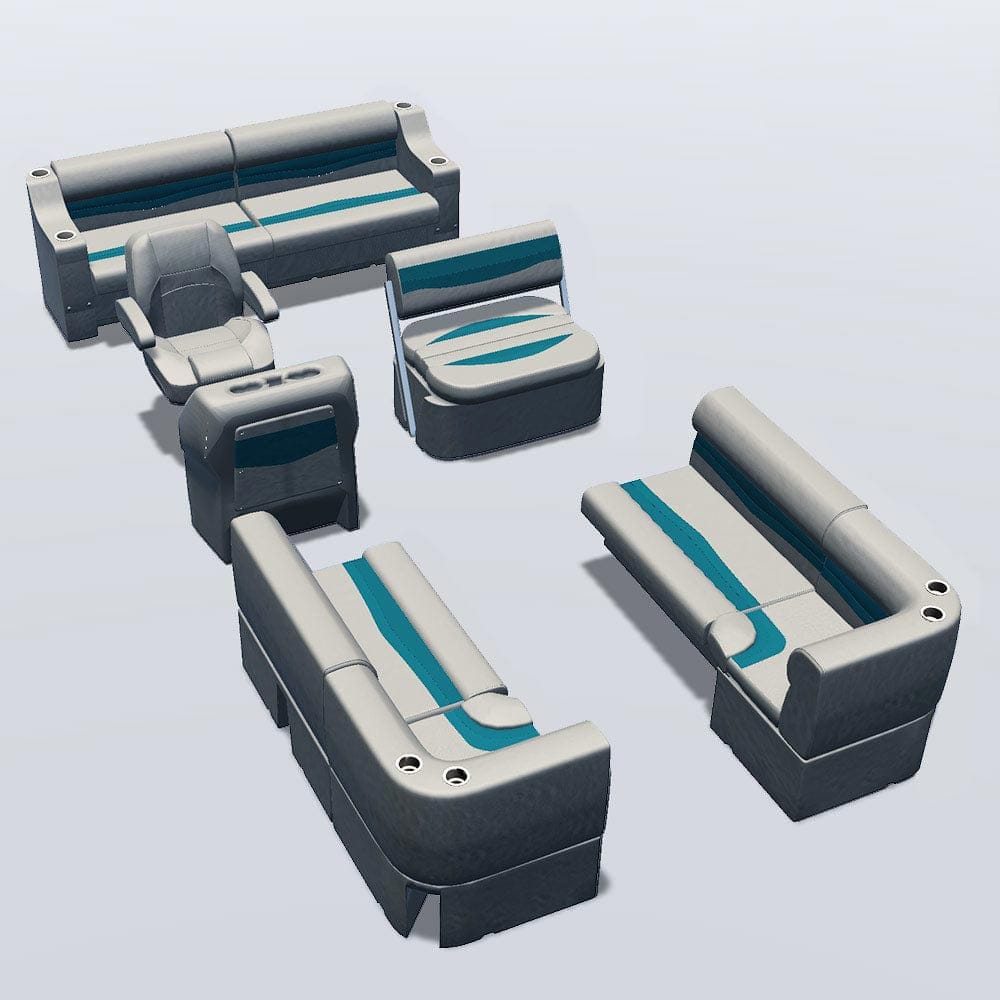 Side Entry midship flip flop pontoon seat package with bow double bench and corner seats #color_ivory & teal