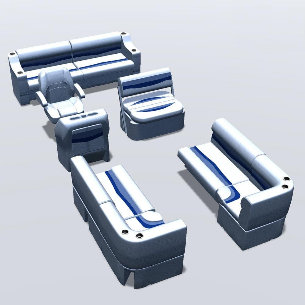 Side Entry midship flip flop pontoon seat package with bow double bench and corner seats #color_white, blue & light blue