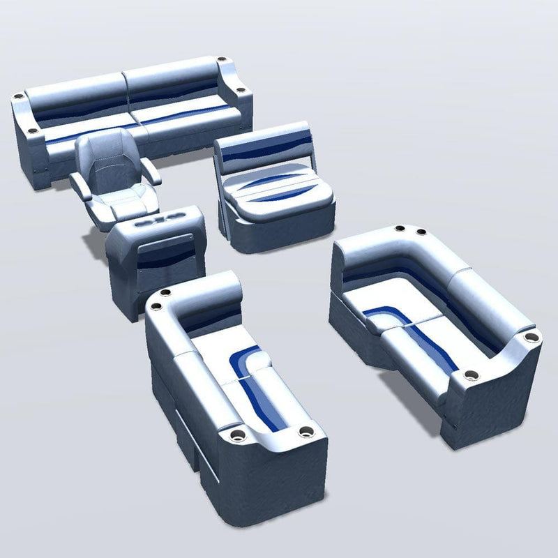 Side entry midship flip flop pontoon seat package with bow double bench and corner seats