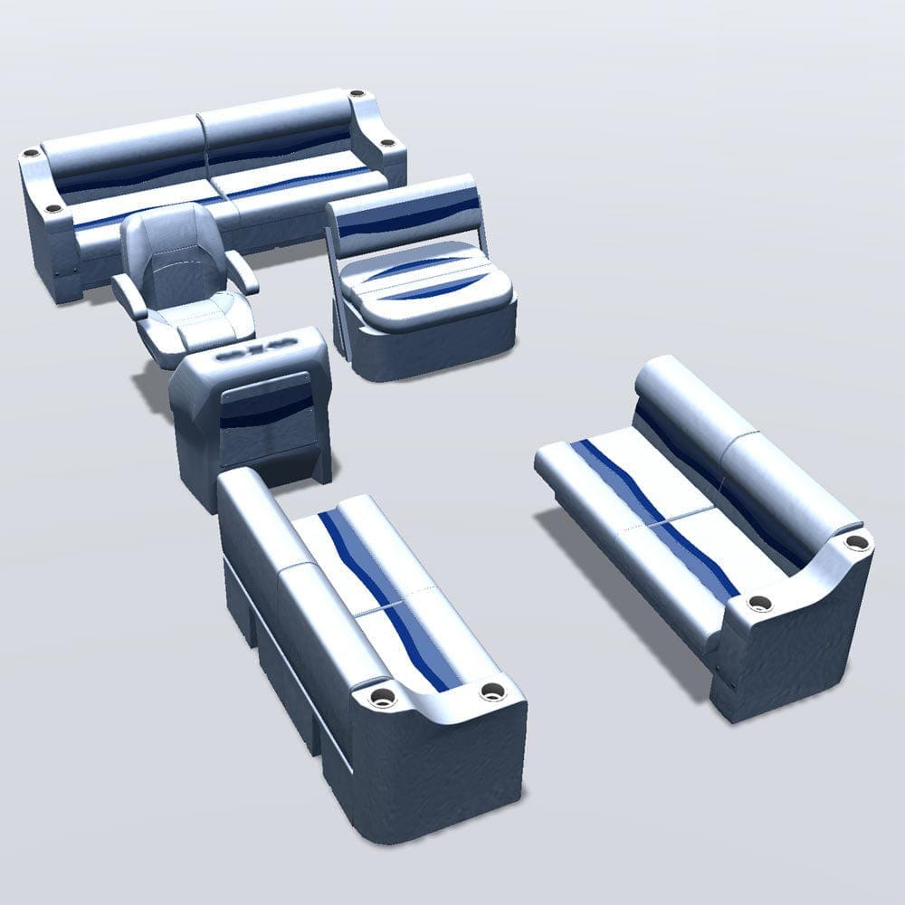 Side entry midship flip flop pontoon seat package with cupholder bow double bench seats #color_white, blue & light blue