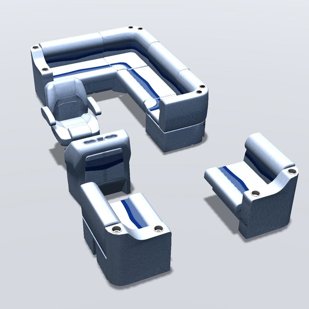 Stern entry pontoon seat package with cupholder bow double bench and corner seats #color_white, blue & light blue