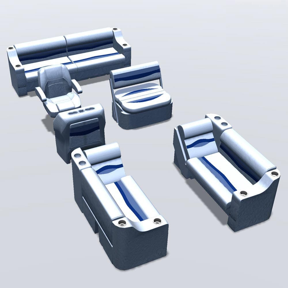 Side entry midship flip flop pontoon seat package with cupholder bow double bench and lean back seats #color_white, blue & light blue