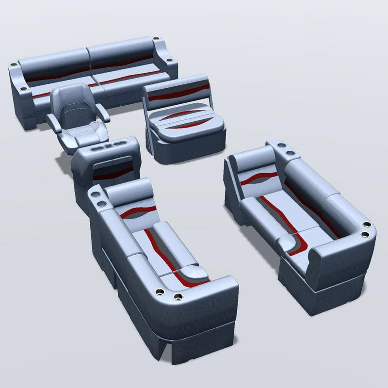 Side entry midship flip flop pontoon seat package with bow double bench lean back seats and corner seats