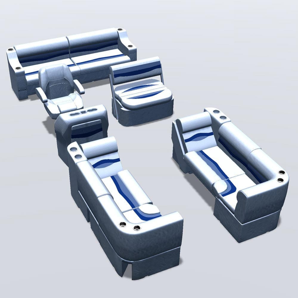 Side entry midship flip flop pontoon seat package with bow double bench lean back seats and corner seats #color_white, blue & light blue