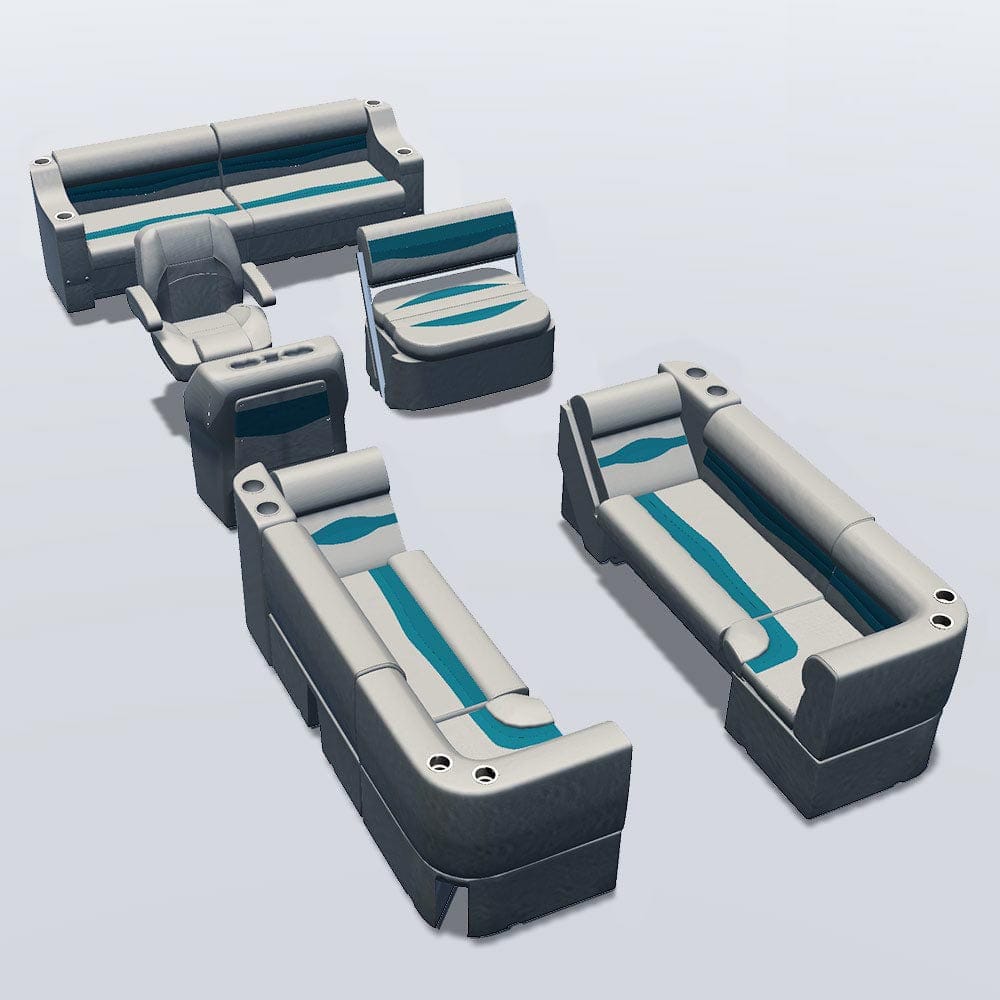 Side entry midship flip flop pontoon seat package with lean back bow double bench and corner seats #color_ivory & teal