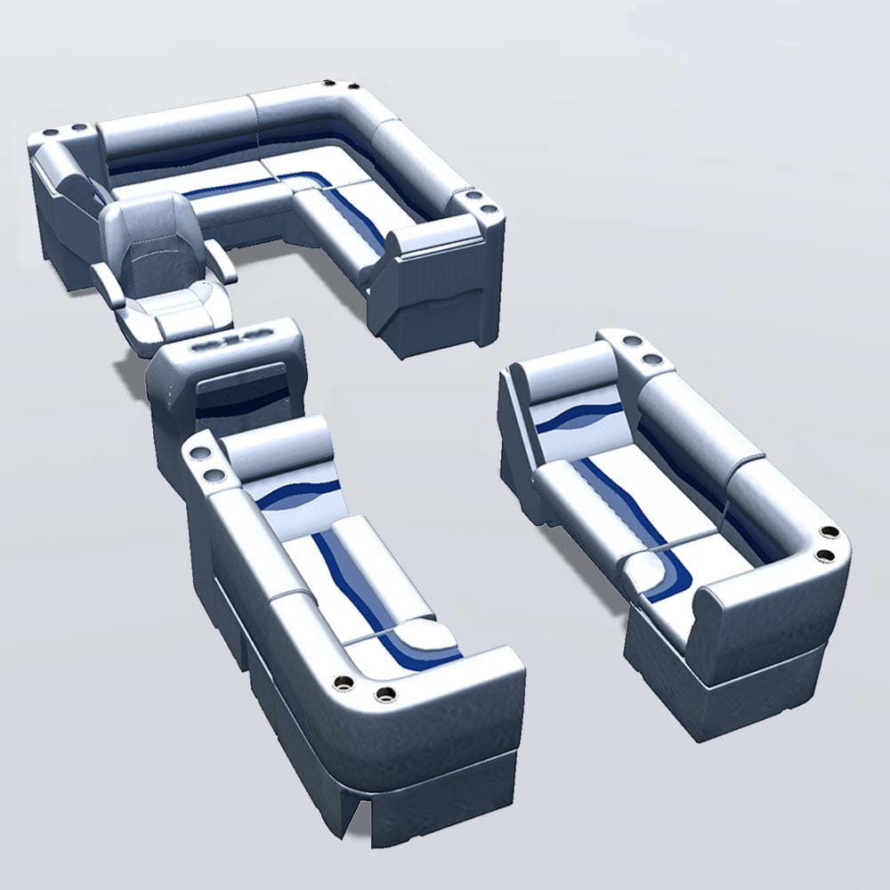 Side entry aft L-bench pontoon seat package with lean back bow double bench and corner seats #color_white, blue & light blue