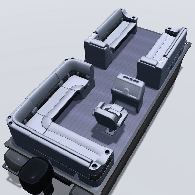 Side entry aft L-bench pontoon seat package with cupholder bow double bench and lean back seats back 