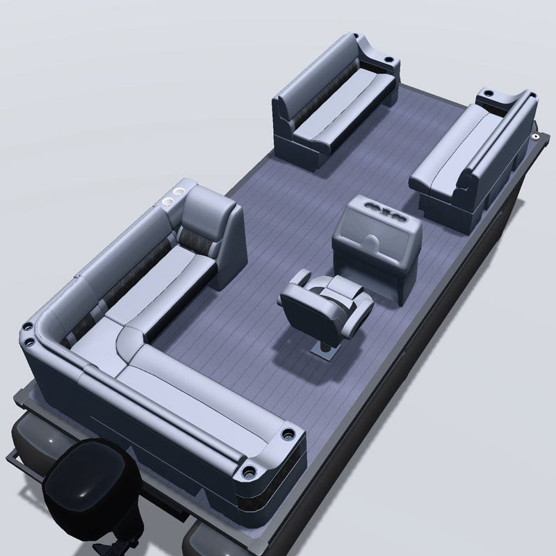 Side entry aft L-bench pontoon seat package with cupholder double bow bench and lean back seats back 