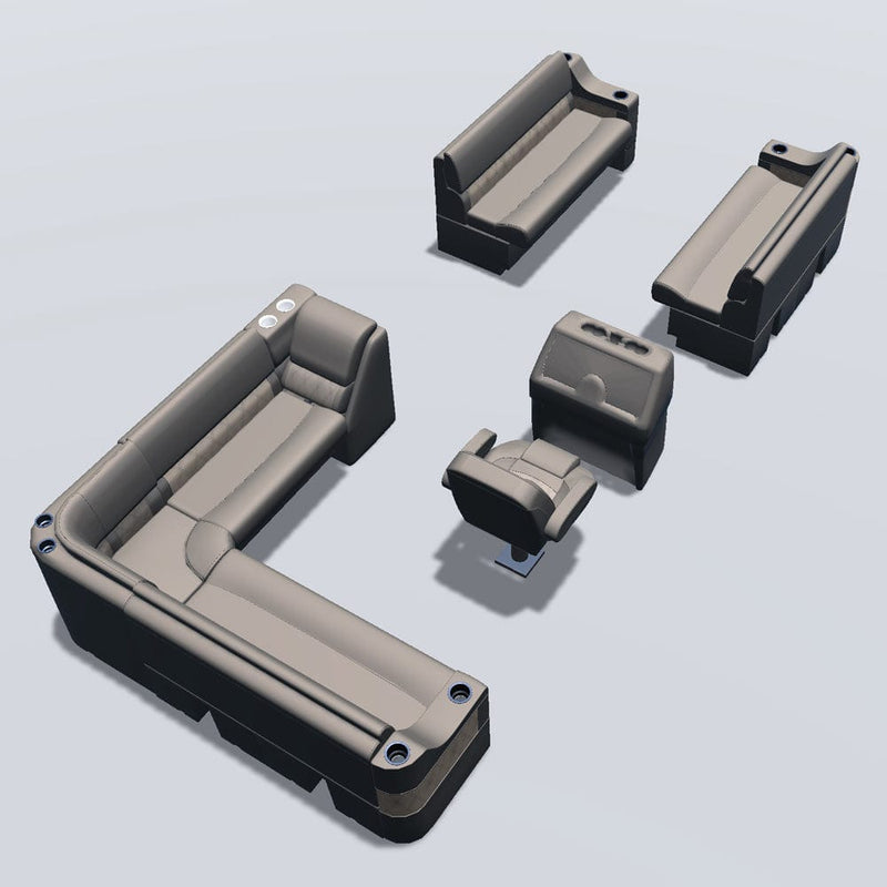 Side entry aft L-bench pontoon seat package with cupholder double bow bench and lean back seats back