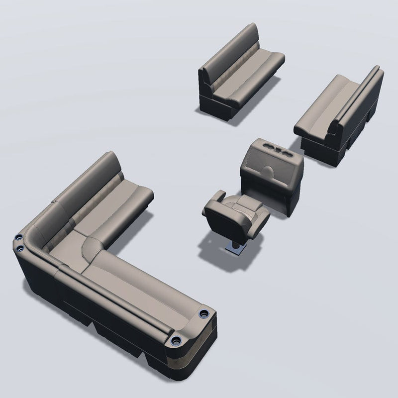 Side entry aft L-bench pontoon seat package with bow double bench seats back