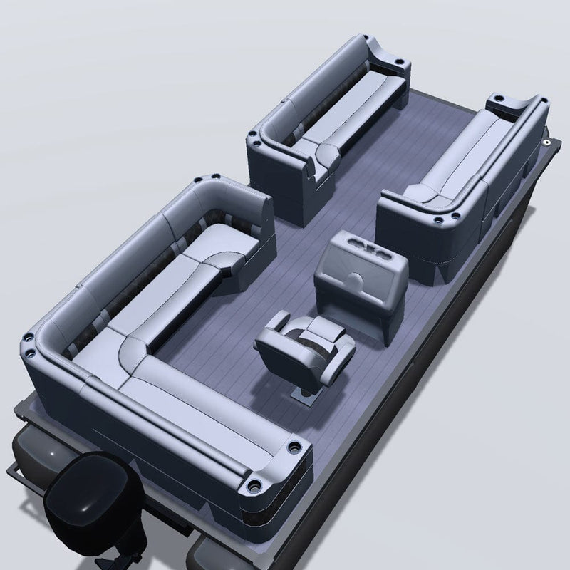 Side entry aft L-bench pontoon seat package with cupholder bow double bench and corner seats back 