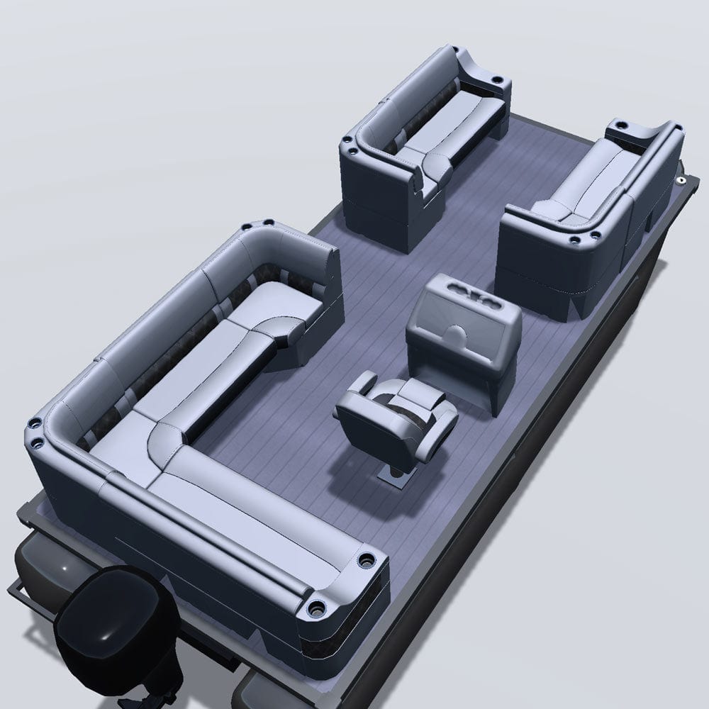 Side entry aft L-bench pontoon seat package with cupholder bow double bench and corner seats back 