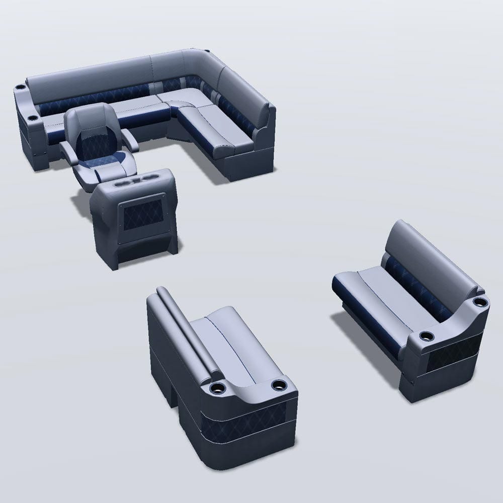 Side entry aft L-bench pontoon seat package with cupholder bow double bench seats #color_navy & gray