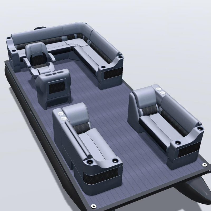 Side entry aft L-bench pontoon seat package with cupholder bow double bench and lean back seats