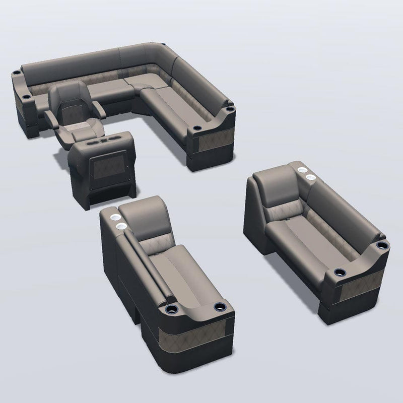 Side entry aft L-bench pontoon seat package with cupholder bow double bench and lean back seats