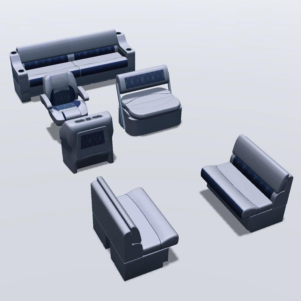 Side entry midship flip flop pontoon seat package with bow double bench seats #color_navy & gray