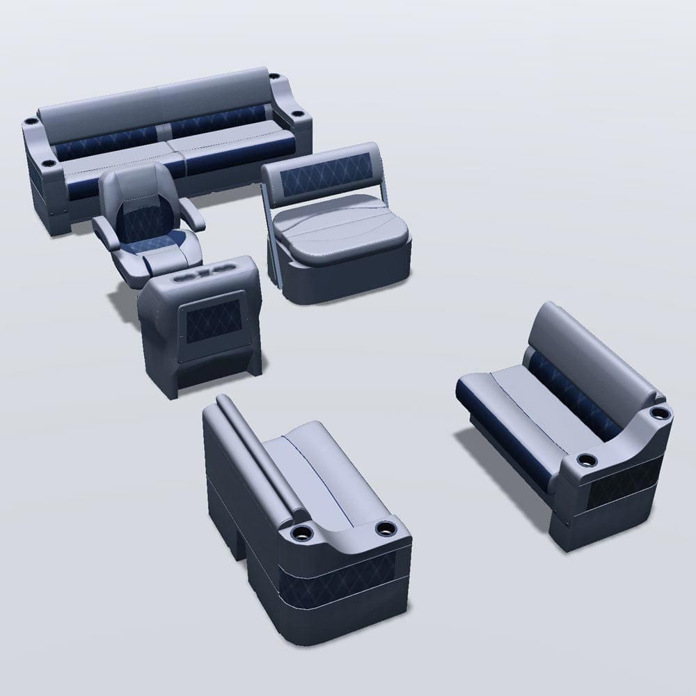 Side entry midship flip flop pontoon package with cupholder bow double bench seats #color_navy & gray