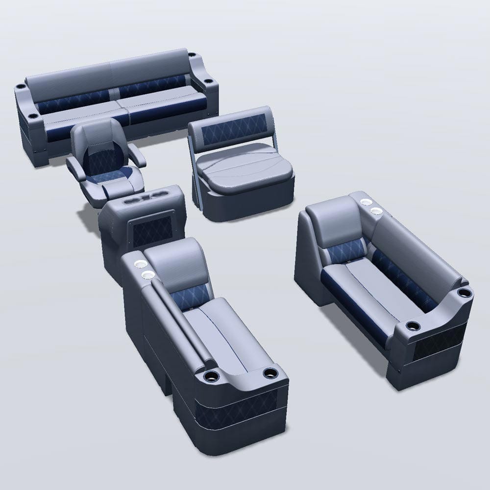 Side entry midship flip flop pontoon seat package with cupholder bow double bench and lean back seats #color_navy & gray