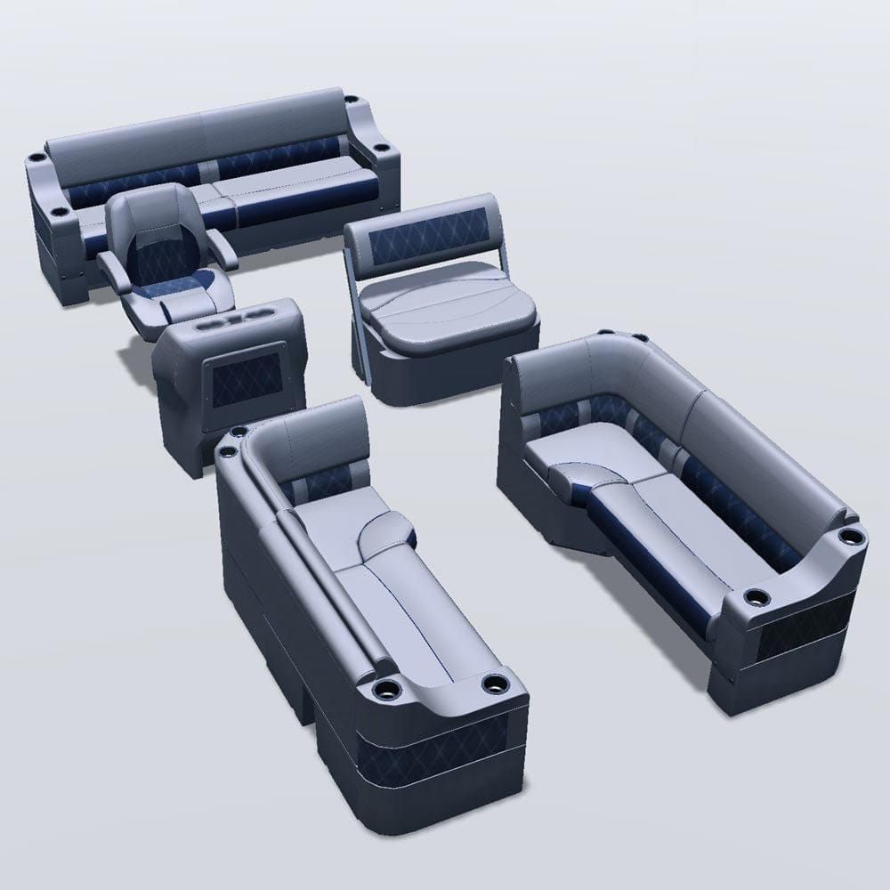 Side entry midship flip flop pontoon seat package with cupholder bow double bench and corner seats #color_navy & gray