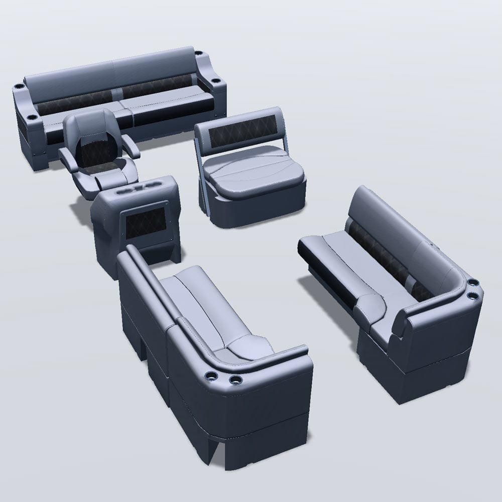 Side entry midship flip flop pontoon seat package with bow double bench and corner seats #color_charcoal & gray