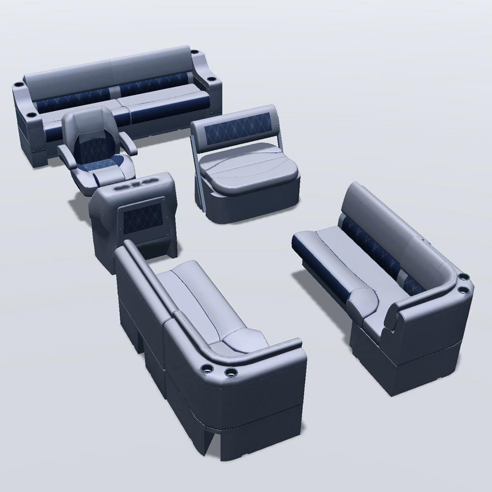 Side entry midship flip flop pontoon seat package with bow double bench and corner seats #color_navy & gray