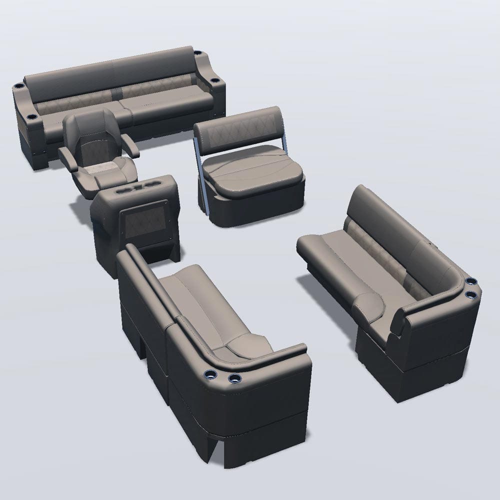 Side entry midship flip flop pontoon seat package with bow double bench and corner seats #color_tan & beige