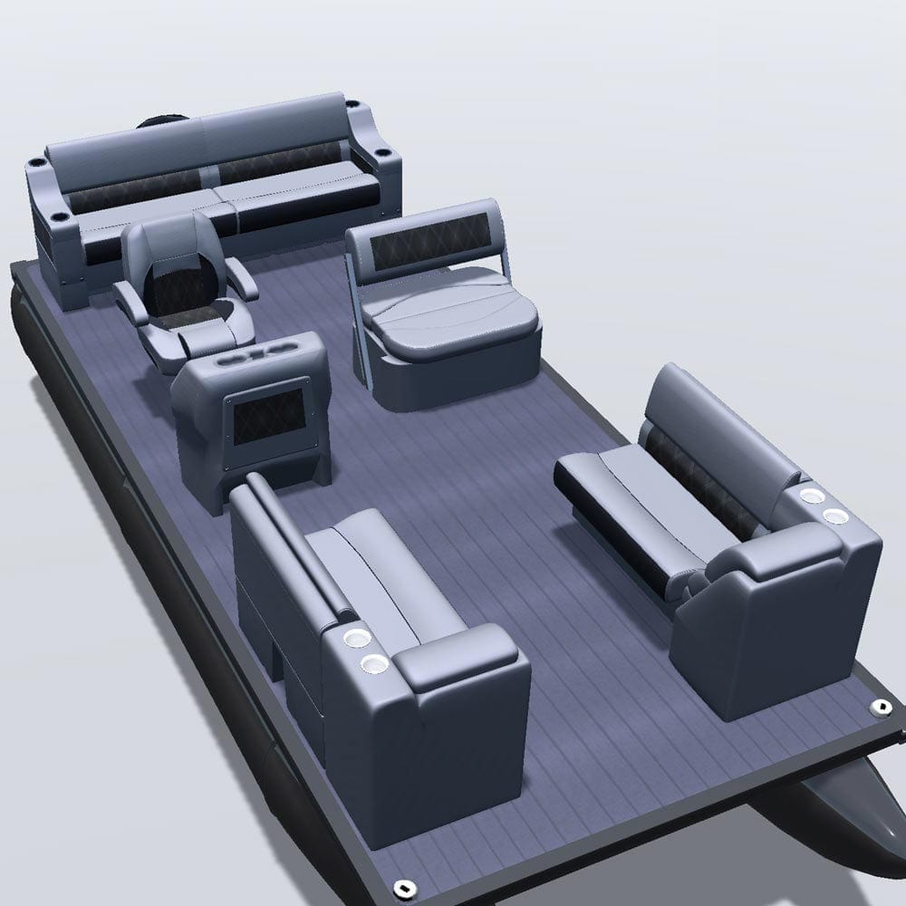 Side entry midship flip flop pontoon seat package with bow double bench and inverse lean back seats