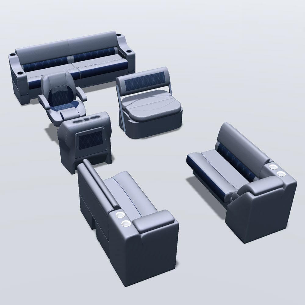 Side entry midship flip flop pontoon seat package with bow double bench and inverse lean back seats #color_navy & gray