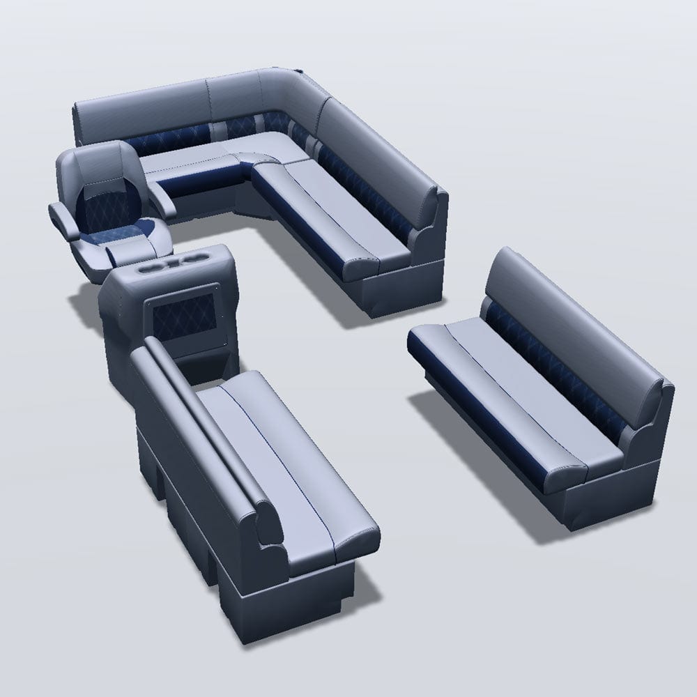 Stern entry pontoon seat package with bow double bench seats #color_navy & gray