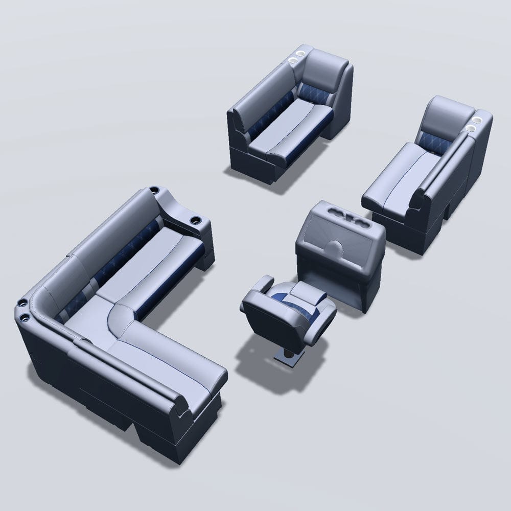 Stern entry pontoon seat package with bow double bench and inverse lean back seats back #color_navy & gray