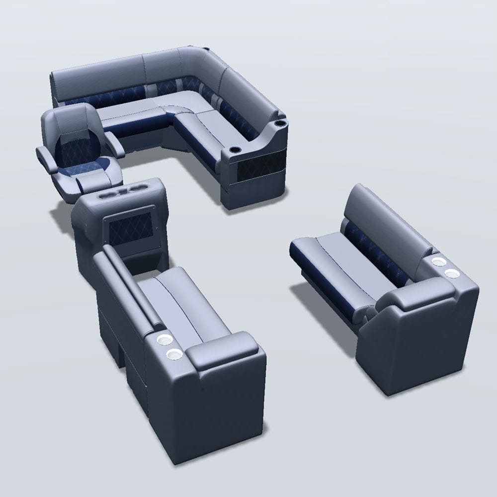 Stern entry pontoon seat package with bow double bench and inverse lean back seats #color_navy & gray