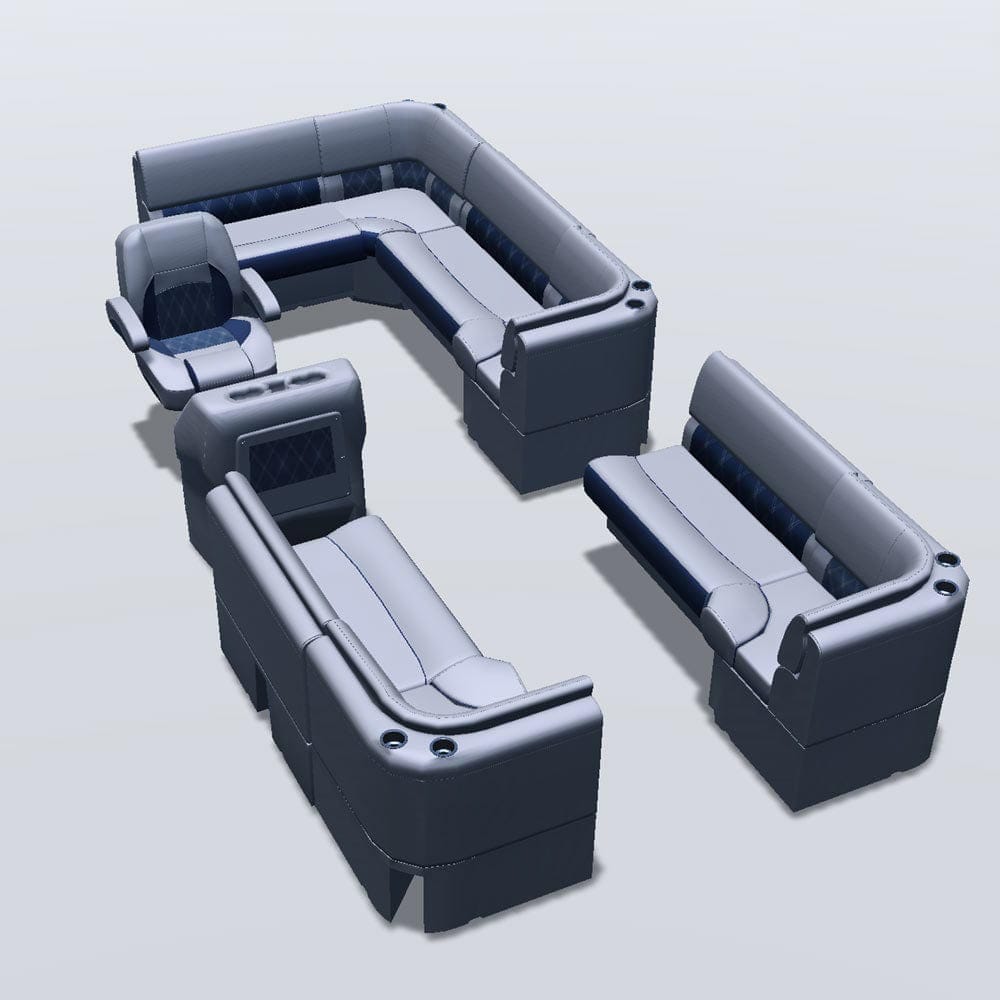 Stern entry pontoon seat package with bow double bench and corner seats #color_navy & gray