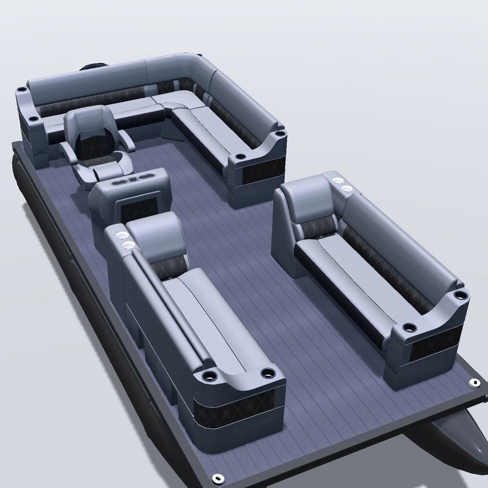 Side entry aft L-bench pontoon seat package with cupholder bow double bench and lean back seats