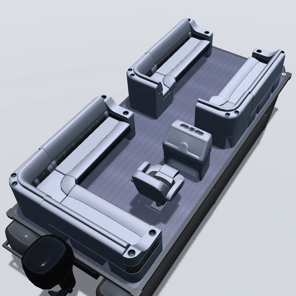 Side entry aft L-bench pontoon seat package with cupholder bow double bench and corner seats back 