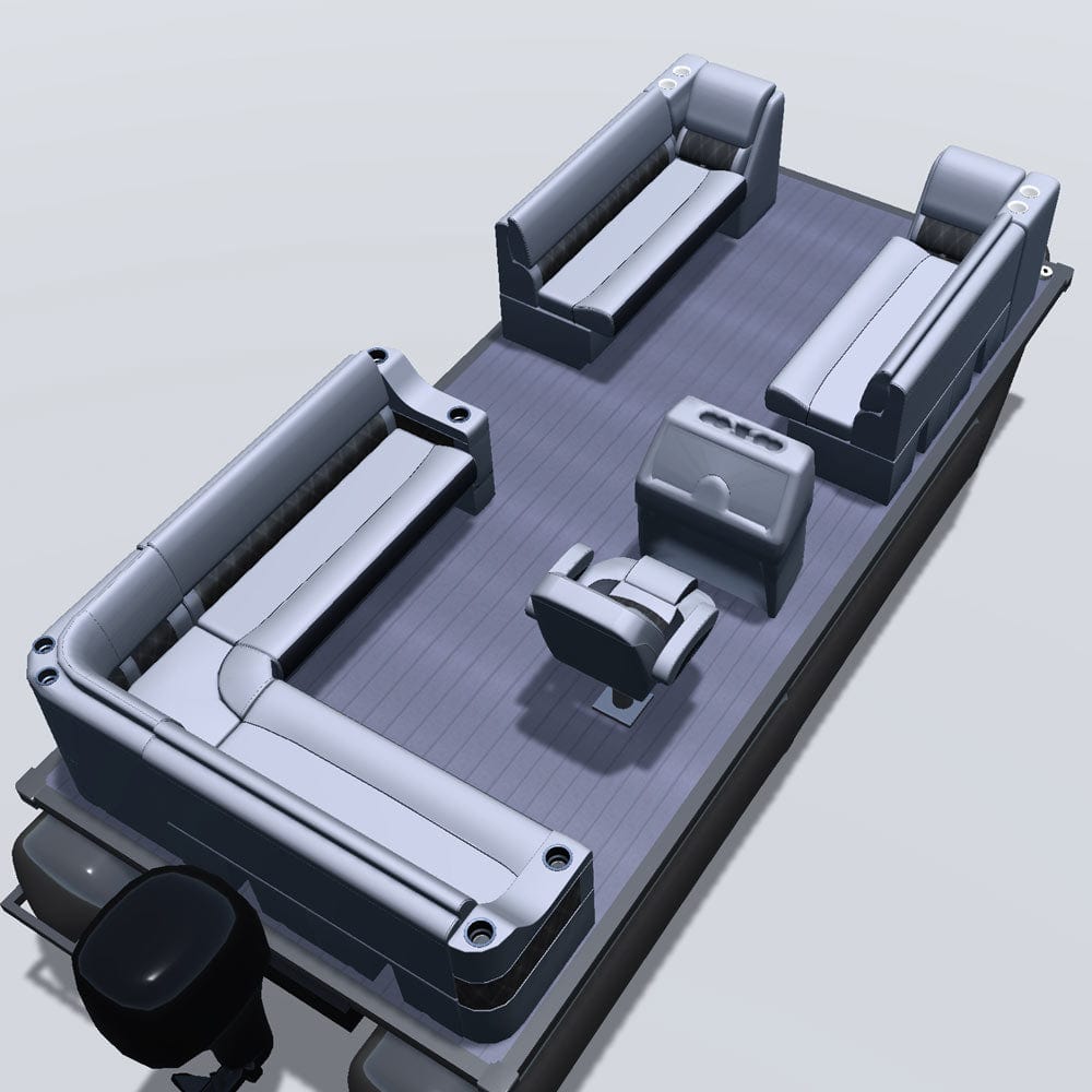 Side entry aft L-bench pontoon seat package with inverse lean back bow double seats back 