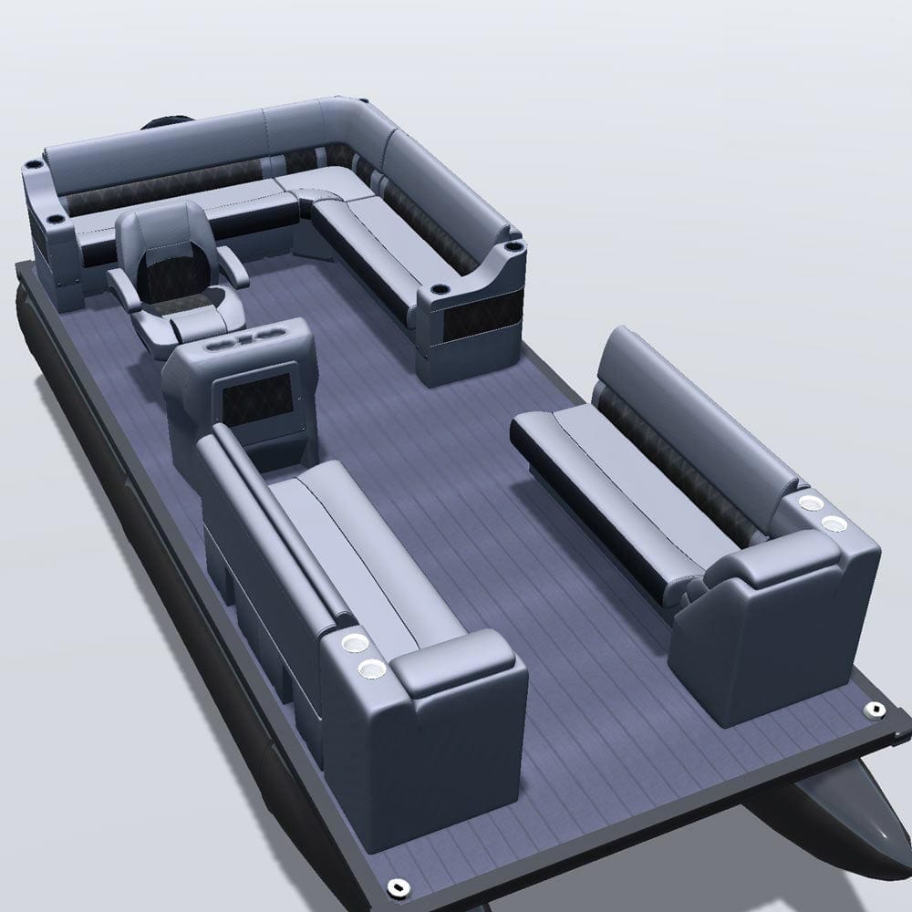 Side entry aft L-bench pontoon seat package with inverse lean back bow double seats