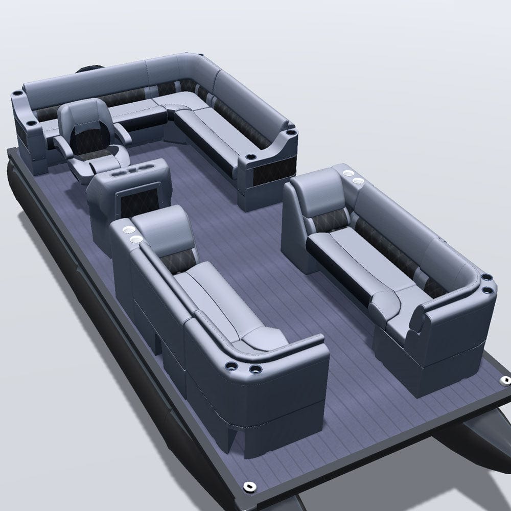 Side entry aft L-bench pontoon seat package with lean back bow double bench and corner seats 