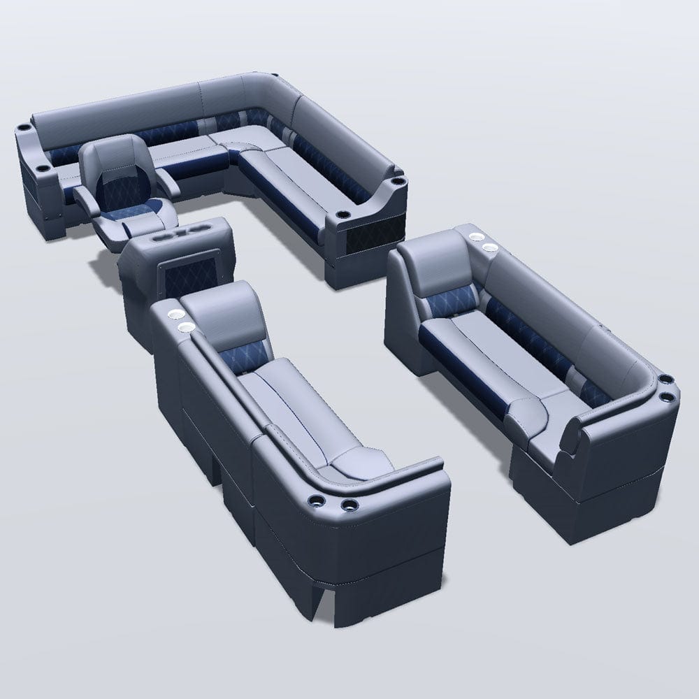 Side entry aft L-bench pontoon seat package with lean back bow double bench and corner seats #color_navy & gray