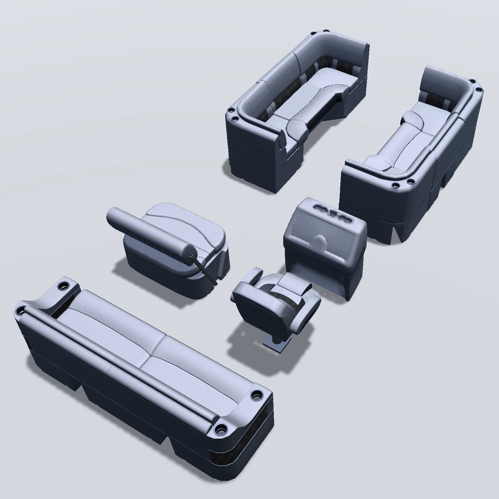 Side entry midship flip flop pontoon seat package with bow double bench and corner seats back #color_charcoal & gray