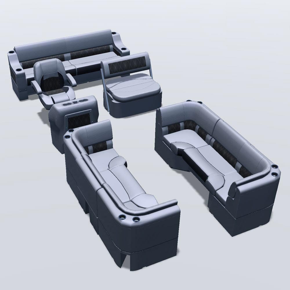 Side entry midship flip flop pontoon seat package with bow double bench and corner seats #color_charcoal & gray