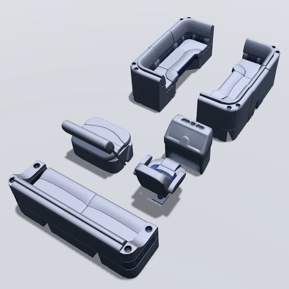 Side entry midship flip flop pontoon seat package with bow double bench and corner seats back #color_navy & gray