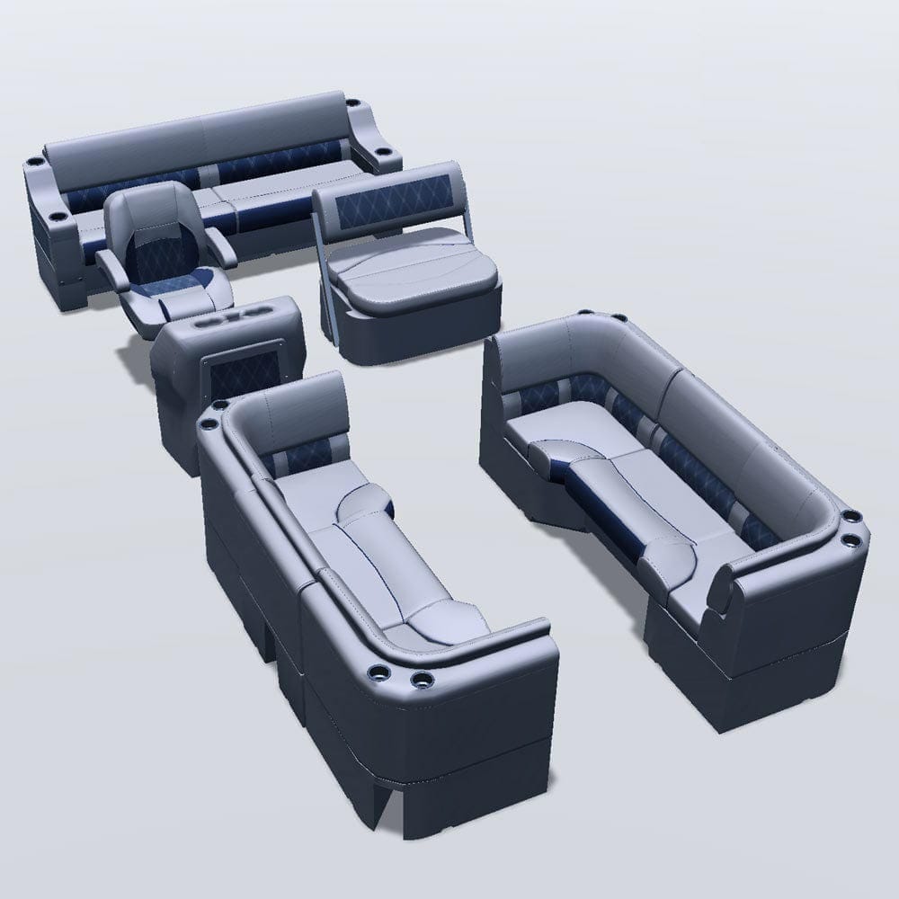 Side entry midship flip flop pontoon seat package with bow double bench and corner seats #color_navy & gray