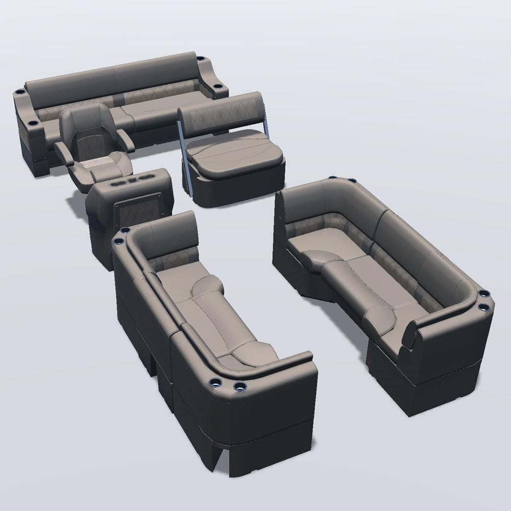 Side entry midship flip flop pontoon seat package with bow double bench and corner seats #color_tan & beige