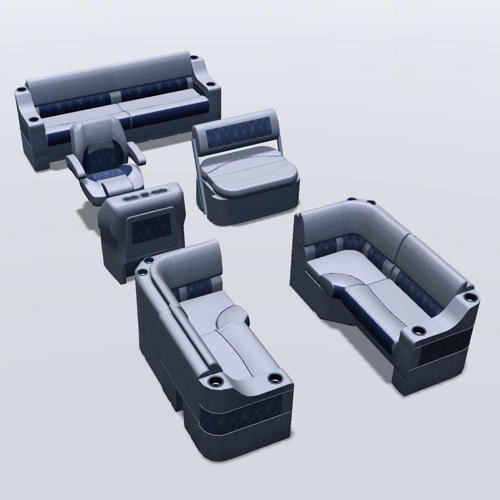 Side entry midship flip flop pontoon seat package with cupholder bow double bench and corner seats #color_navy & gray